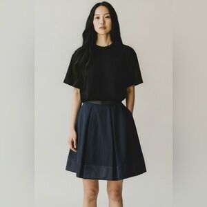 Nisse Pleated Skirt Satin Navy Blue A-line Size 6 Knee to Midi Skirt